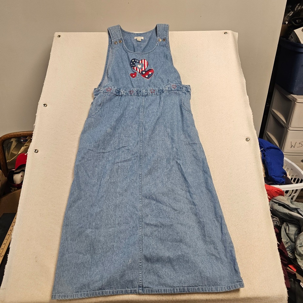 Christopher & Banks Denim Jumper Dress L Blue Americana Patriotic Hearts Stars